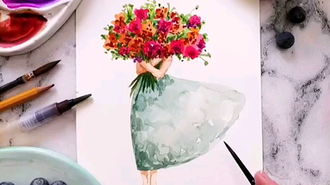 【水彩】捧花的小女孩